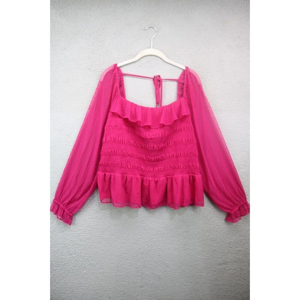 Lauren Conrad Smocked Cropped Long Balloon Mesh Sleeve Top-2X-Cottagecore-BOHO